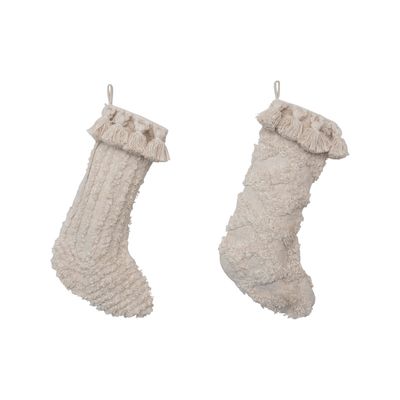 20"H Cotton Slub Stocking with Tufting and Tassels, Cream Color, 2 Styles