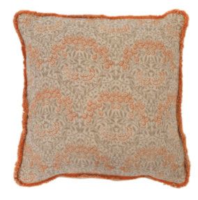 16" Cotton Pillow with Metallic Printed Orange Floral Pattern