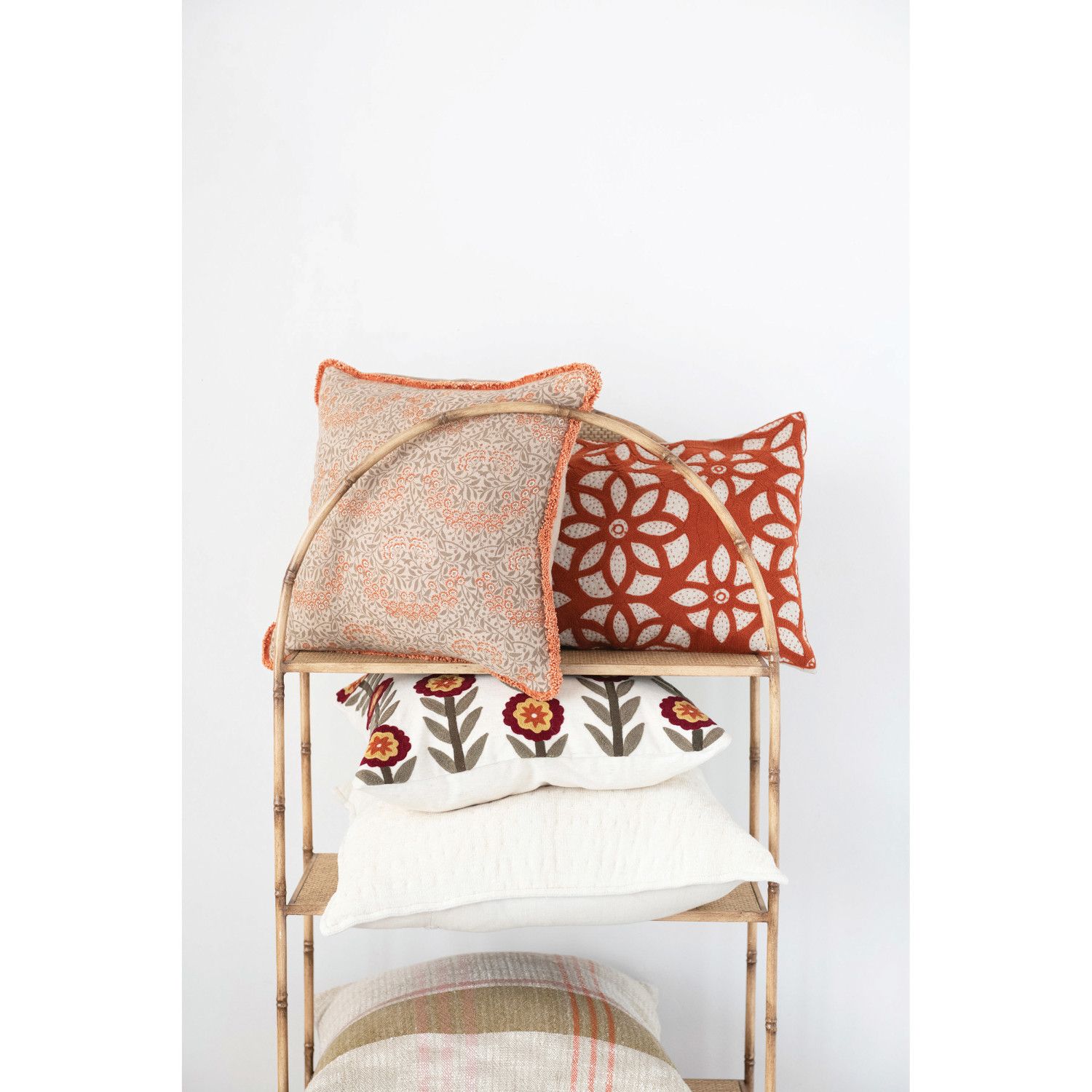 16" Cotton Pillow with Metallic Printed Orange Floral Pattern