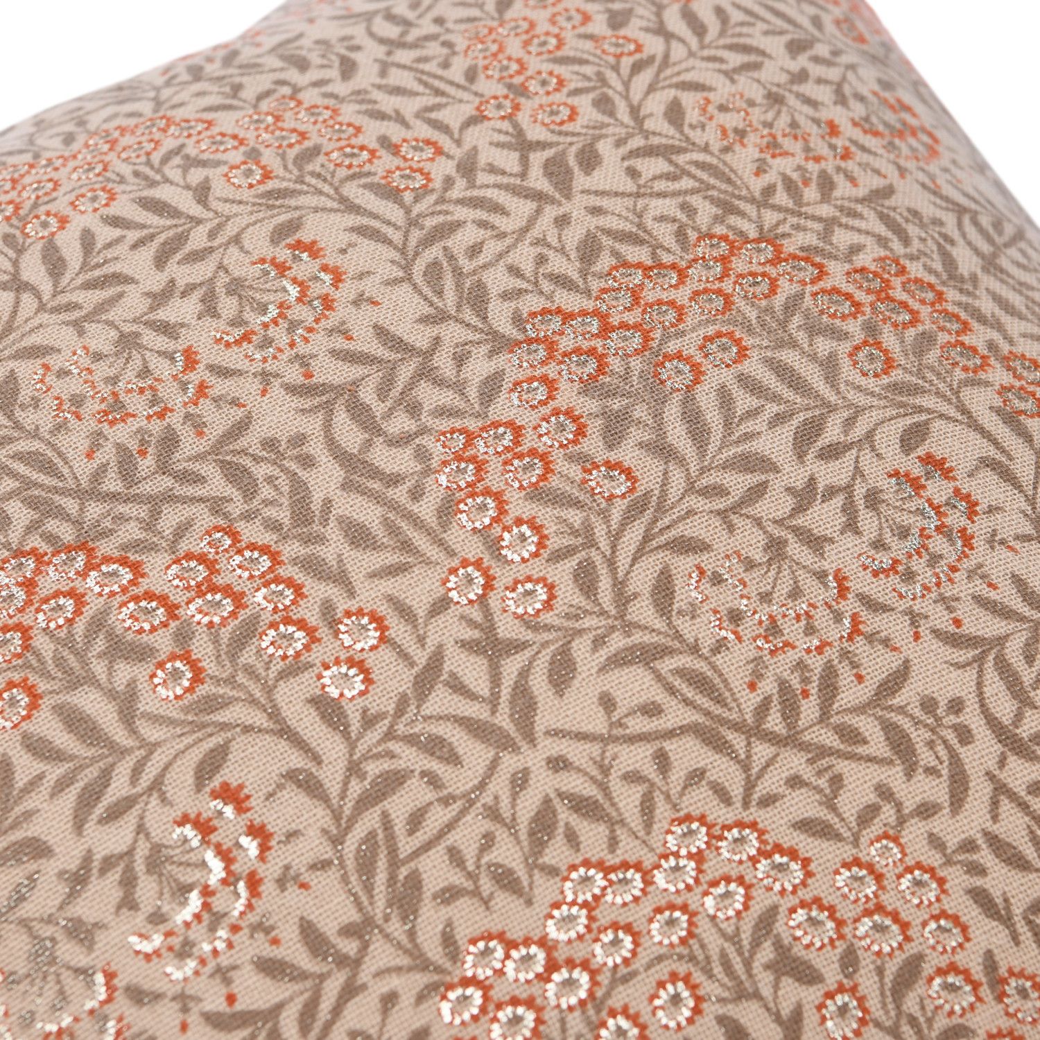16" Cotton Pillow with Metallic Printed Orange Floral Pattern