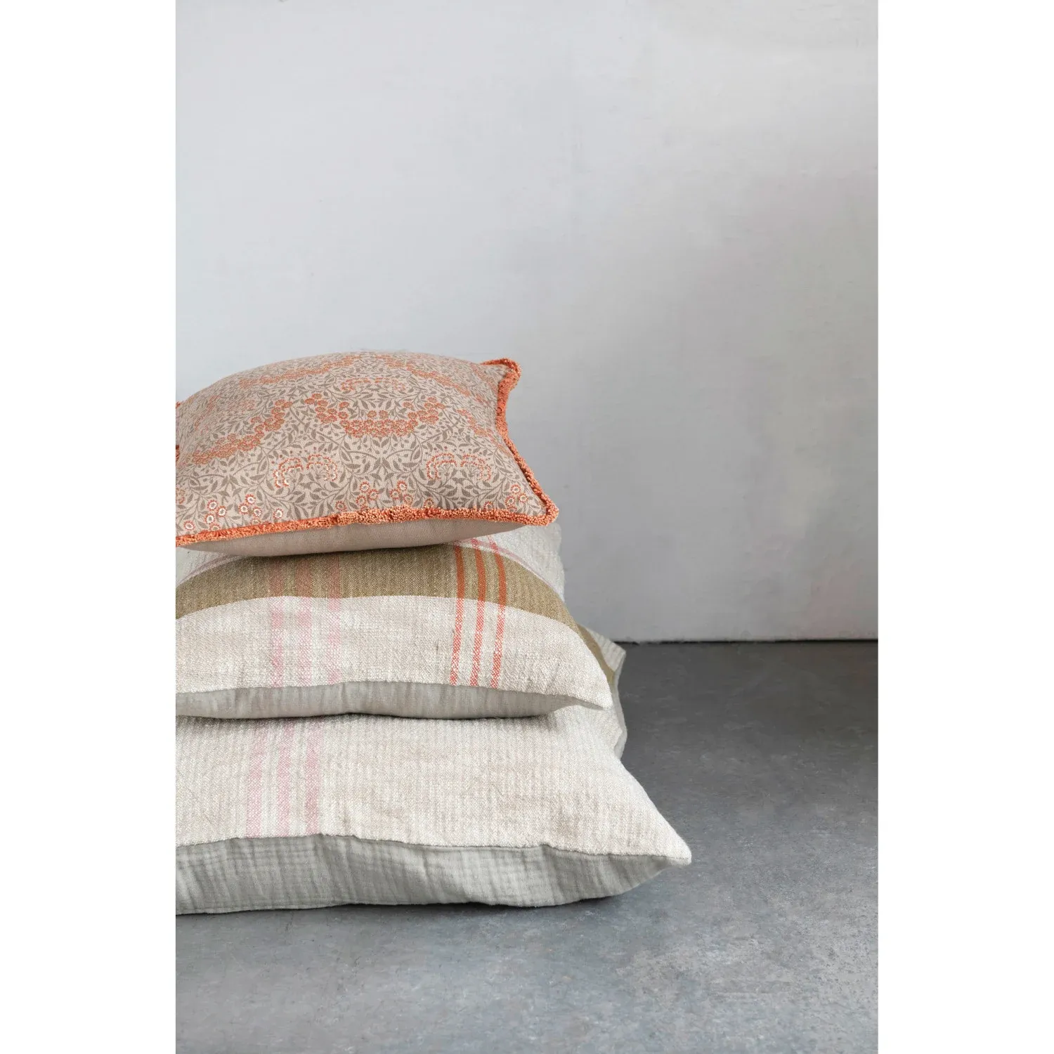 16" Cotton Pillow with Metallic Printed Orange Floral Pattern