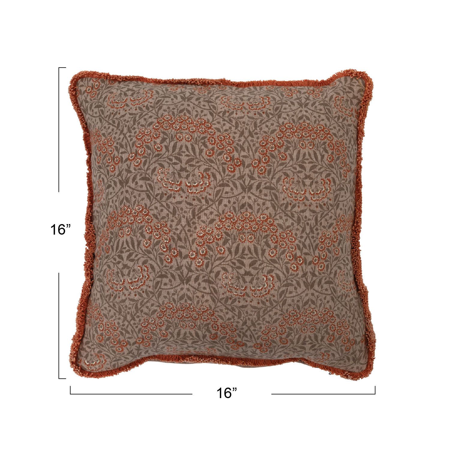 16" Cotton Pillow with Metallic Printed Orange Floral Pattern