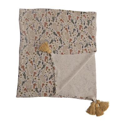Woven Printed Throw with Tassels - Floral Pattern