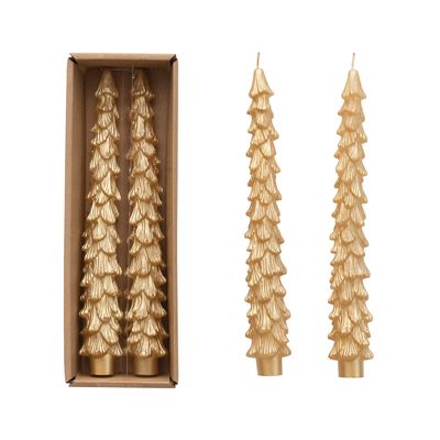 10"H Light Gold Unscented Tree Shaped Taper Candles, Set of 2