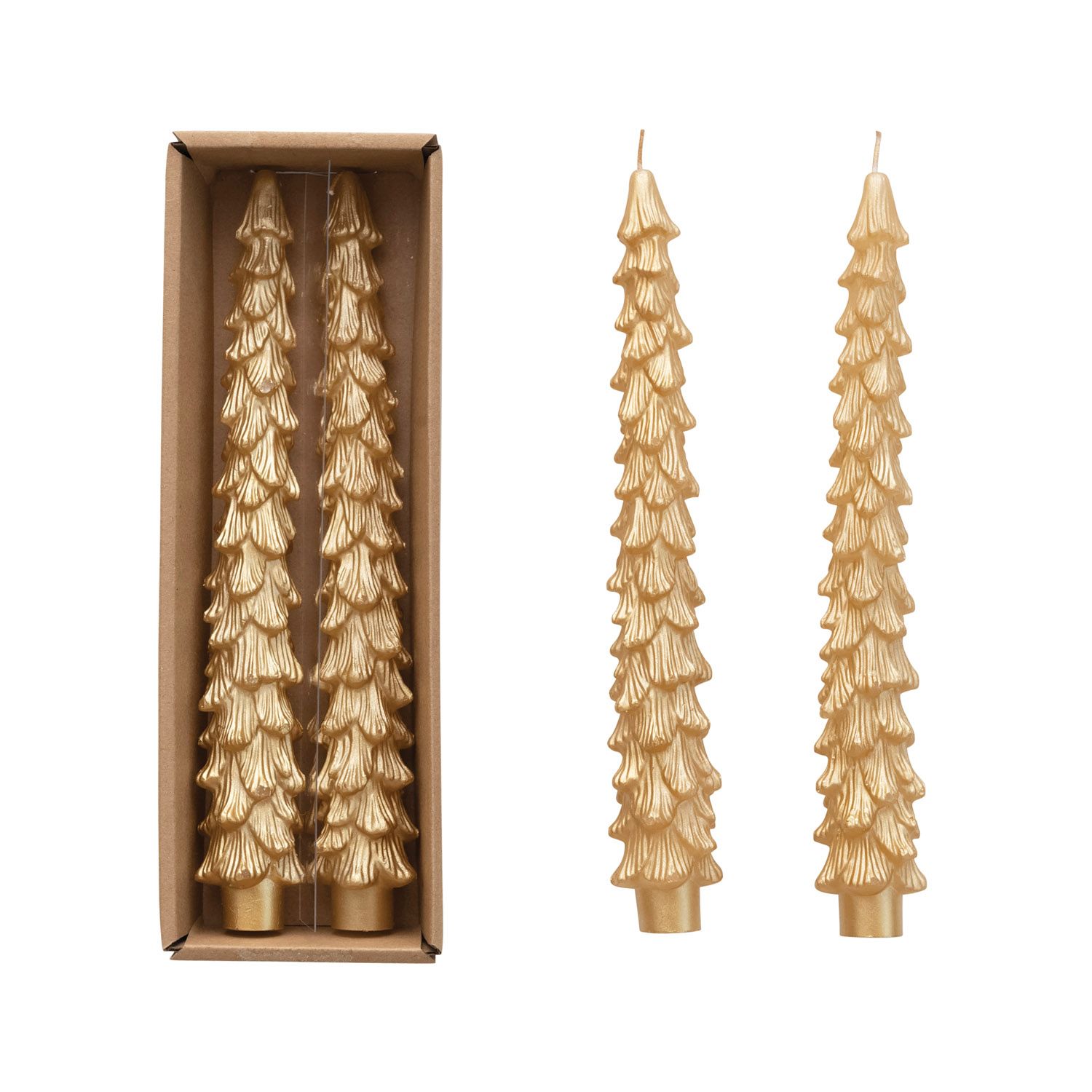 10"H Light Gold Unscented Tree Shaped Taper Candles, Set of 2