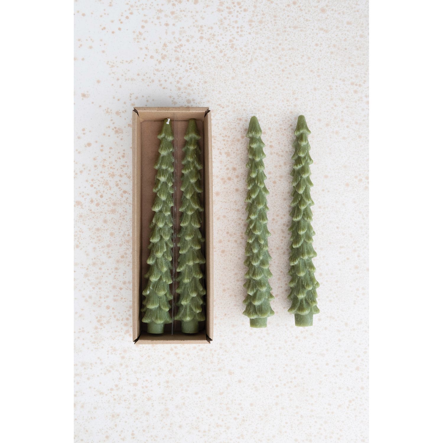 10"H Green Unscented Tree Shaped Taper Candles, Set of 2