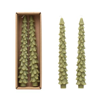 10"H Green Unscented Tree Shaped Taper Candles, Set of 2