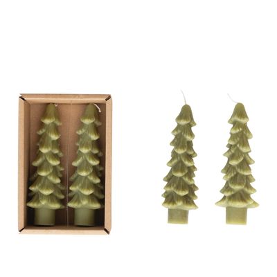 5"H Green Unscented Tree Shaped Taper Candles, Set of 2