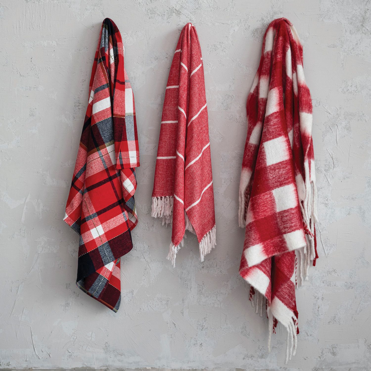 60"L x 50"W Woven Acrylic Throw w/ Fringe, Red &amp; White Plaid