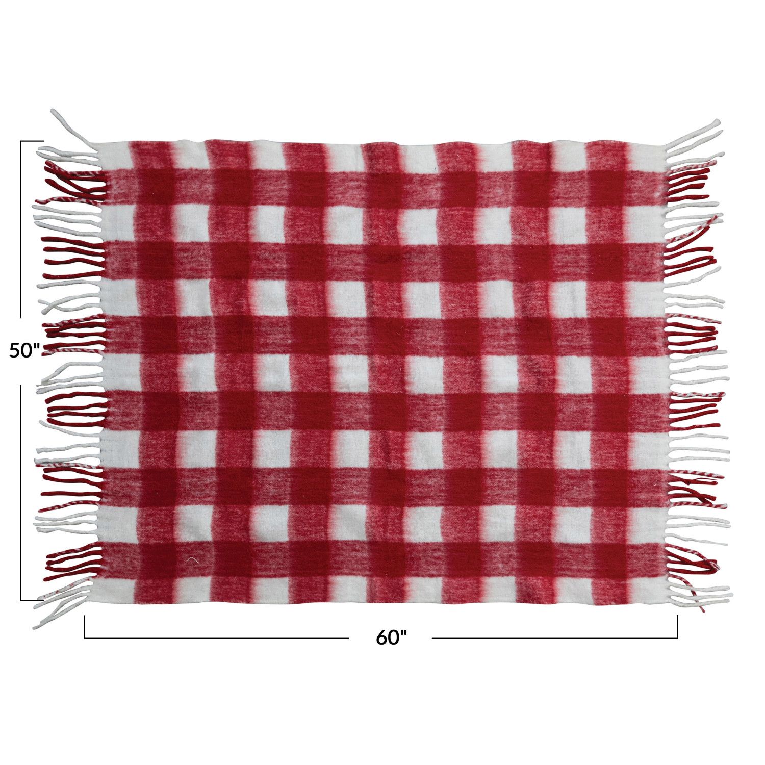 60"L x 50"W Woven Acrylic Throw w/ Fringe, Red &amp; White Plaid