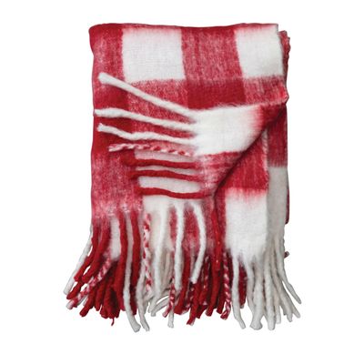 60"L x 50"W Woven Acrylic Throw w/ Fringe, Red &amp; White Plaid
