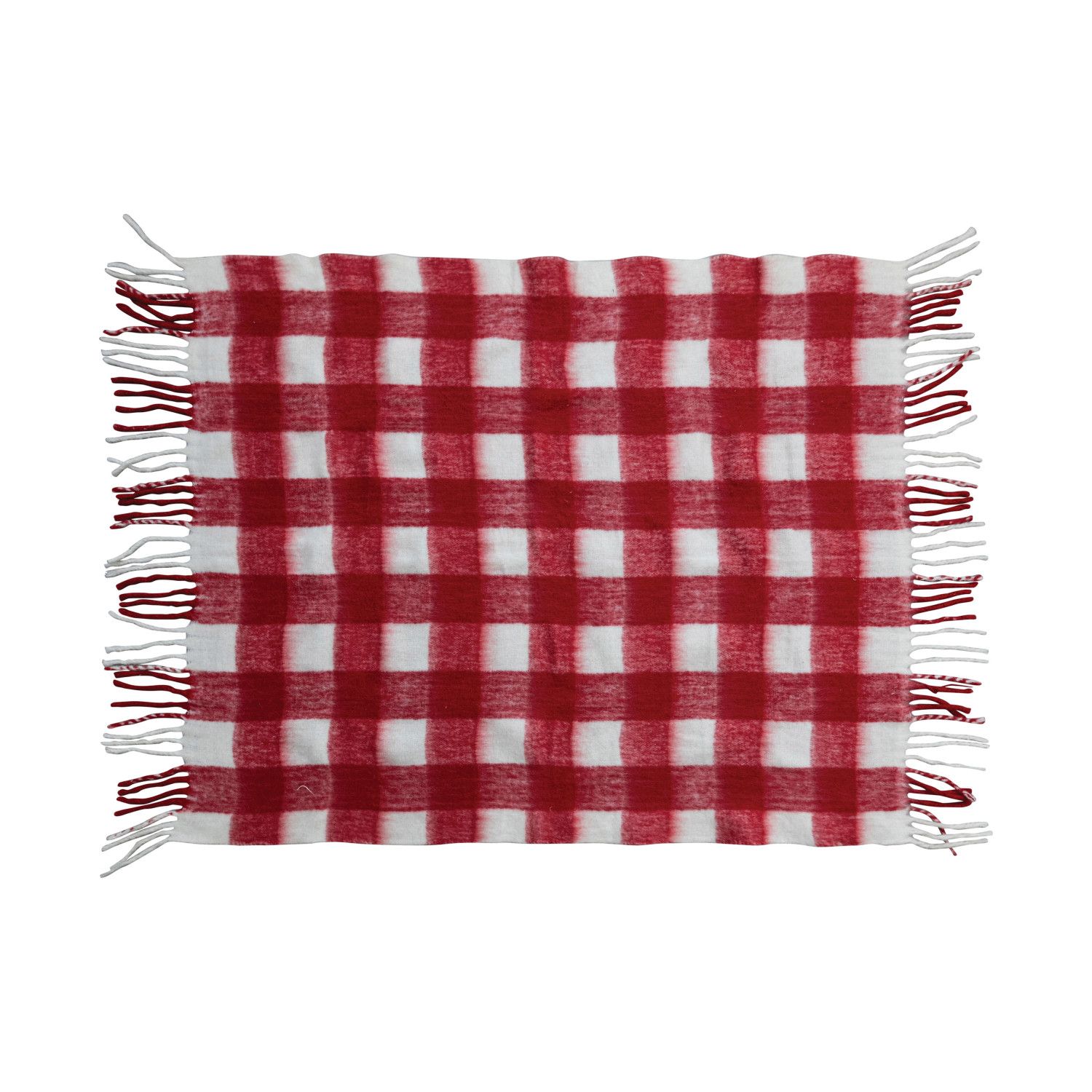 60"L x 50"W Woven Acrylic Throw w/ Fringe, Red &amp; White Plaid