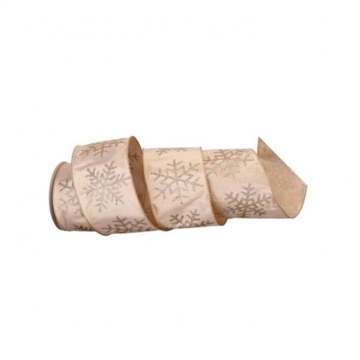 4"X10Y GLITTER SNOWFLAKE ON LAME RIBBON CHAMPAGNE