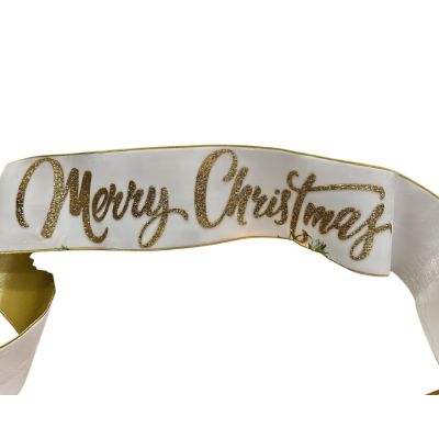 6" x 70" velvet gold glitter Merry Christmas banner gold back, winter white