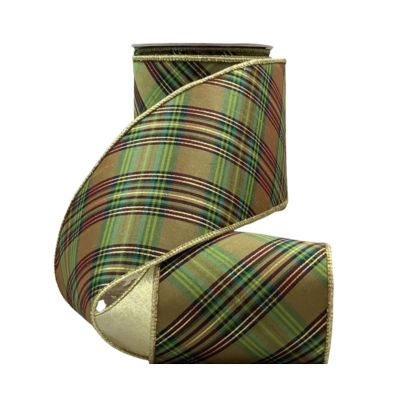 4" x 10yds metallic dupion Abbey Lane plaid, green, green gold
