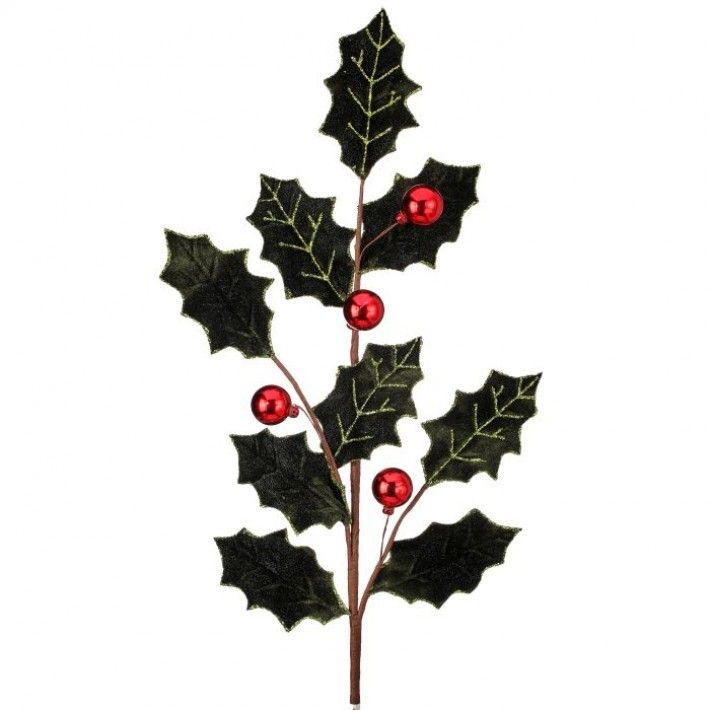 27in. VELVET HOLLY LEAF SPRAY W/BALL