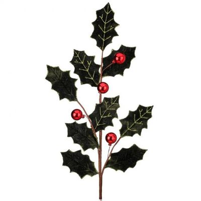 27in. VELVET HOLLY LEAF SPRAY W/BALL