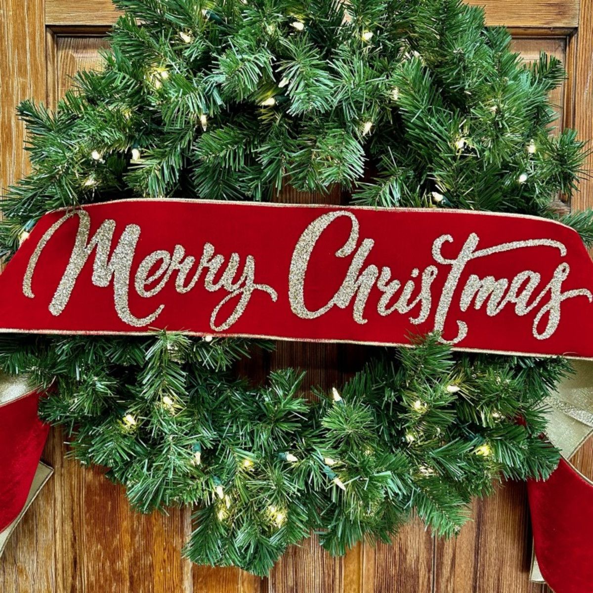 6" x 70" velvet gold glitter Merry Christmas banner gold back, red