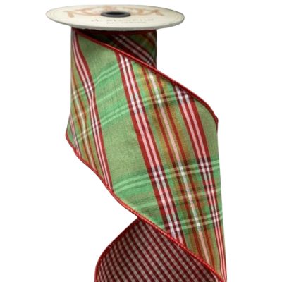4" x 10yds faux dupion North Pole diagonal plaid red check back, green-pink