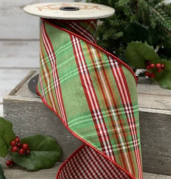 4" x 10yds faux dupion North Pole diagonal plaid red check back, green-pink