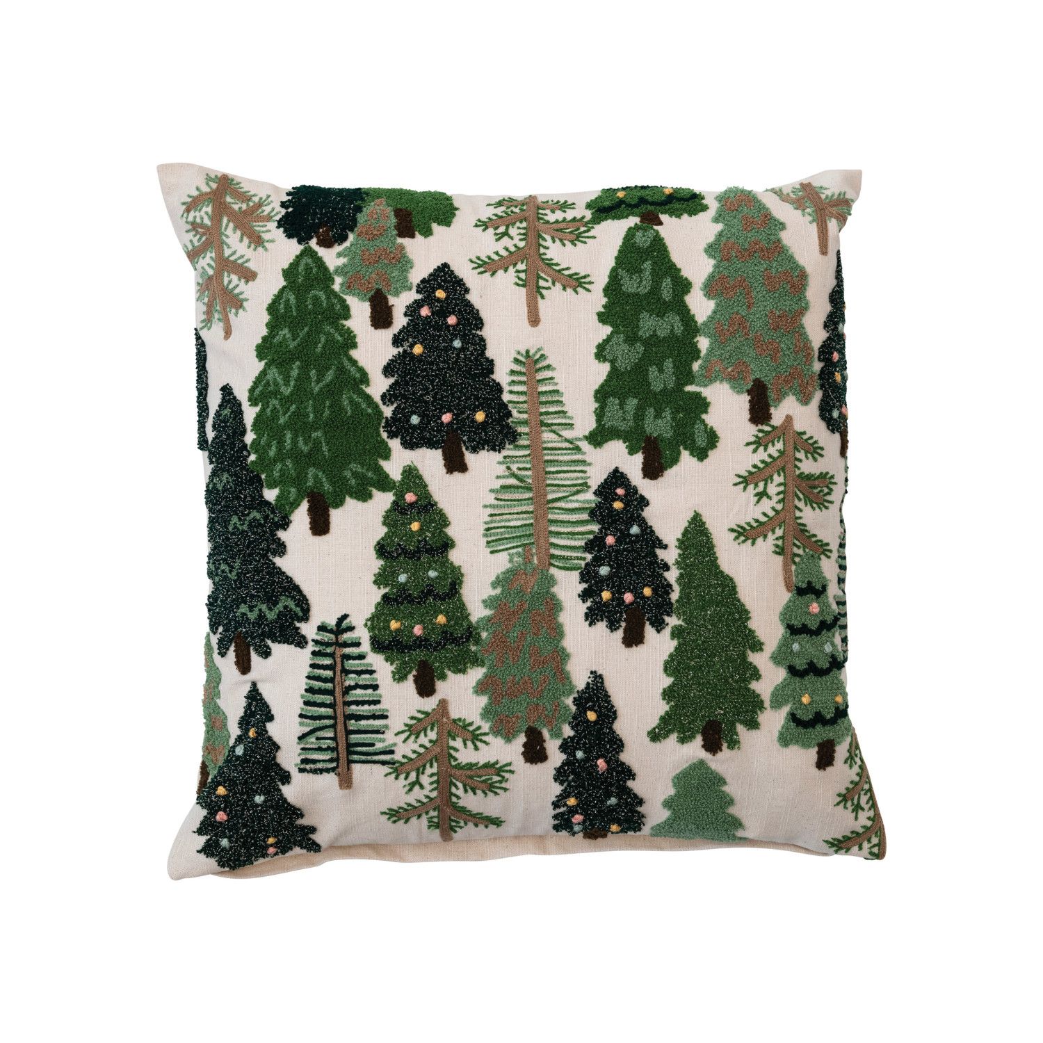 20" Square Cotton Slub Embroidered Pillow w/ Trees &amp; French Knots, Multi Color