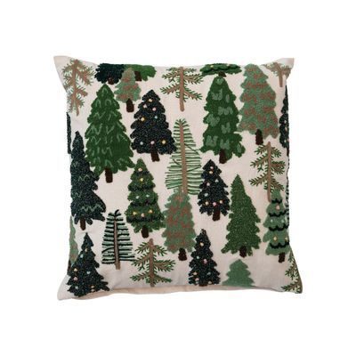 20" Square Cotton Slub Embroidered Pillow w/ Trees &amp; French Knots, Multi Color