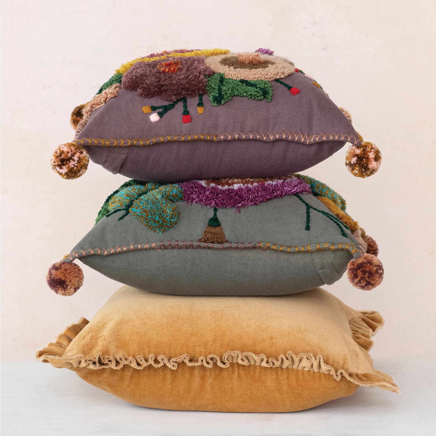 20in. Sq Velvet Pillow w/ Ruffled Trim Mustard