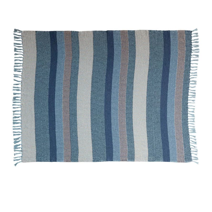 BLUE/TAN Woven Cotton Blend Throw w/ Stripes &amp; Fringe