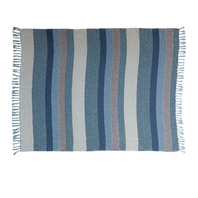 BLUE/TAN Woven Cotton Blend Throw w/ Stripes &amp; Fringe