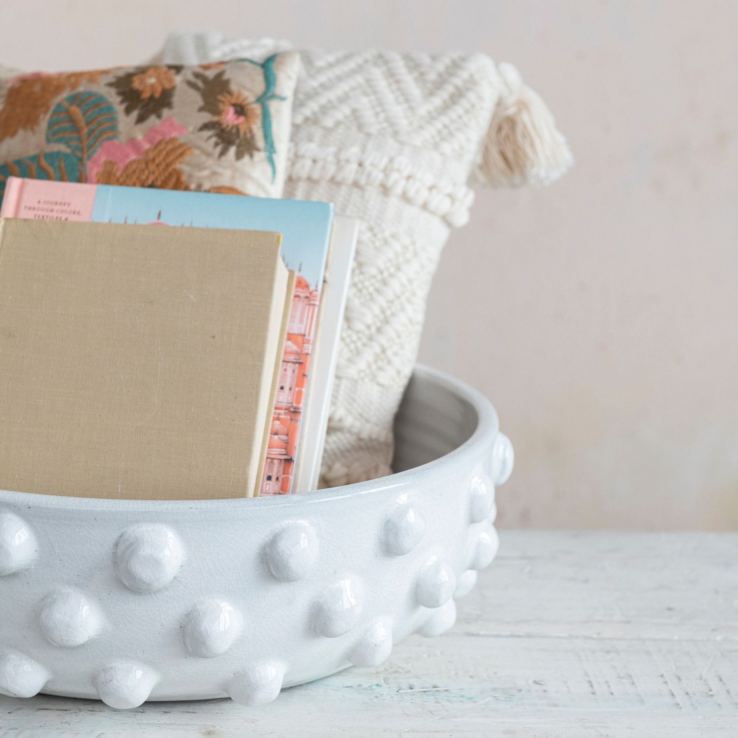 17"R Terra-cotta Bowl w/ Raised Dots, White