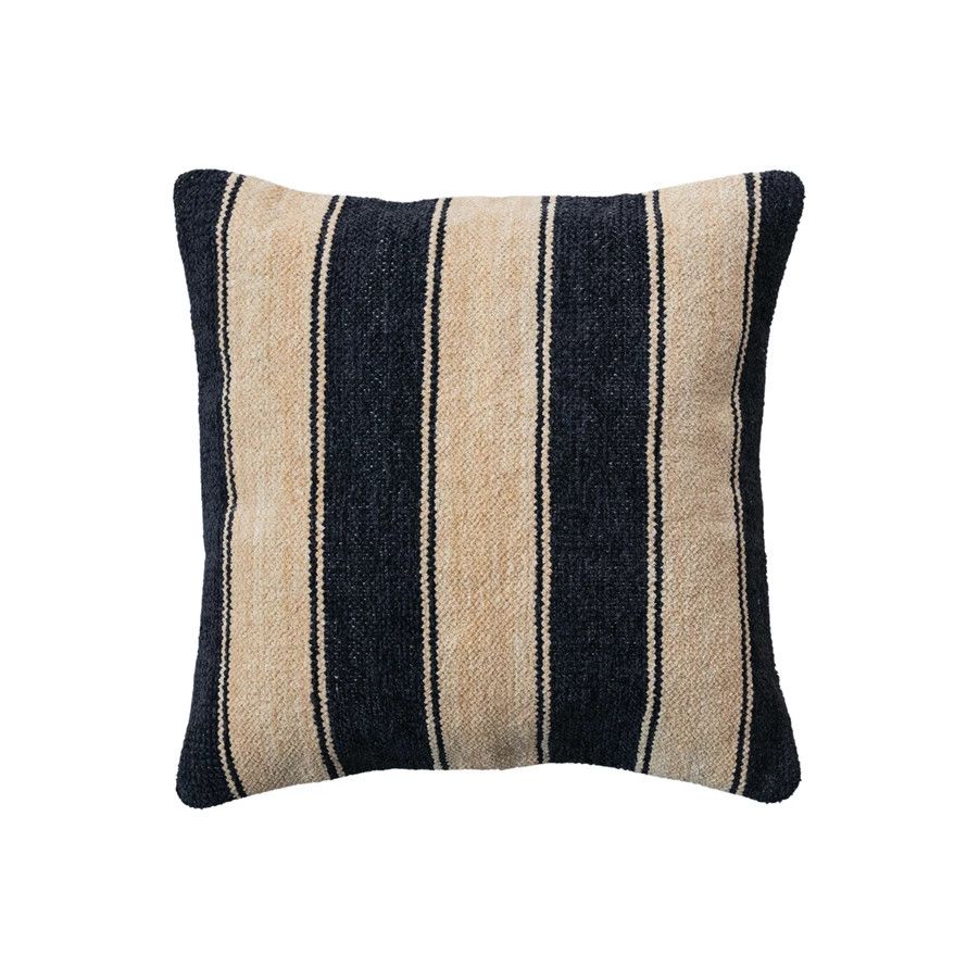 20in. Sq Black/Cream Chenille Pillow w/ Stripes