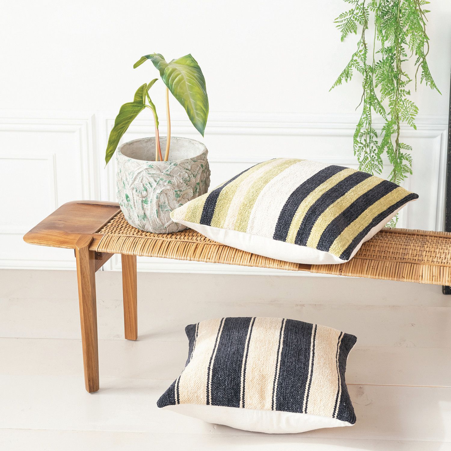 20in. Sq Black/Cream Chenille Pillow w/ Stripes