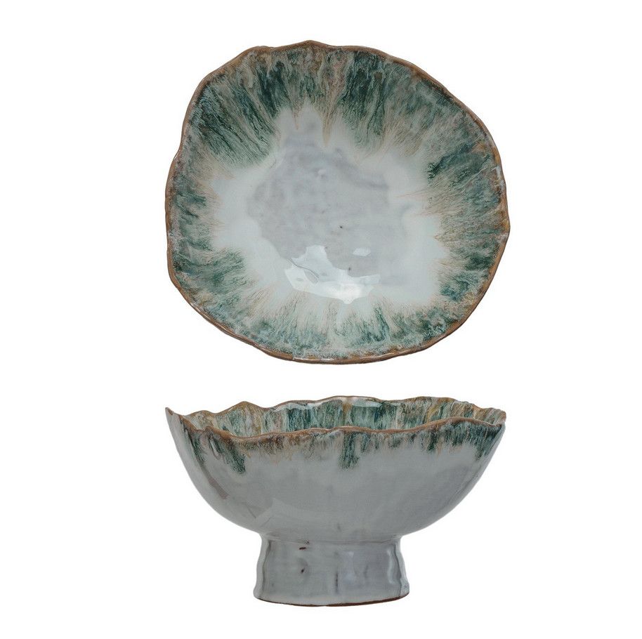 9" R x 5"H Stoneware Footed Bowl, Reactive Glaze