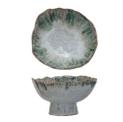 9" R x 5"H Stoneware Footed Bowl, Reactive Glaze