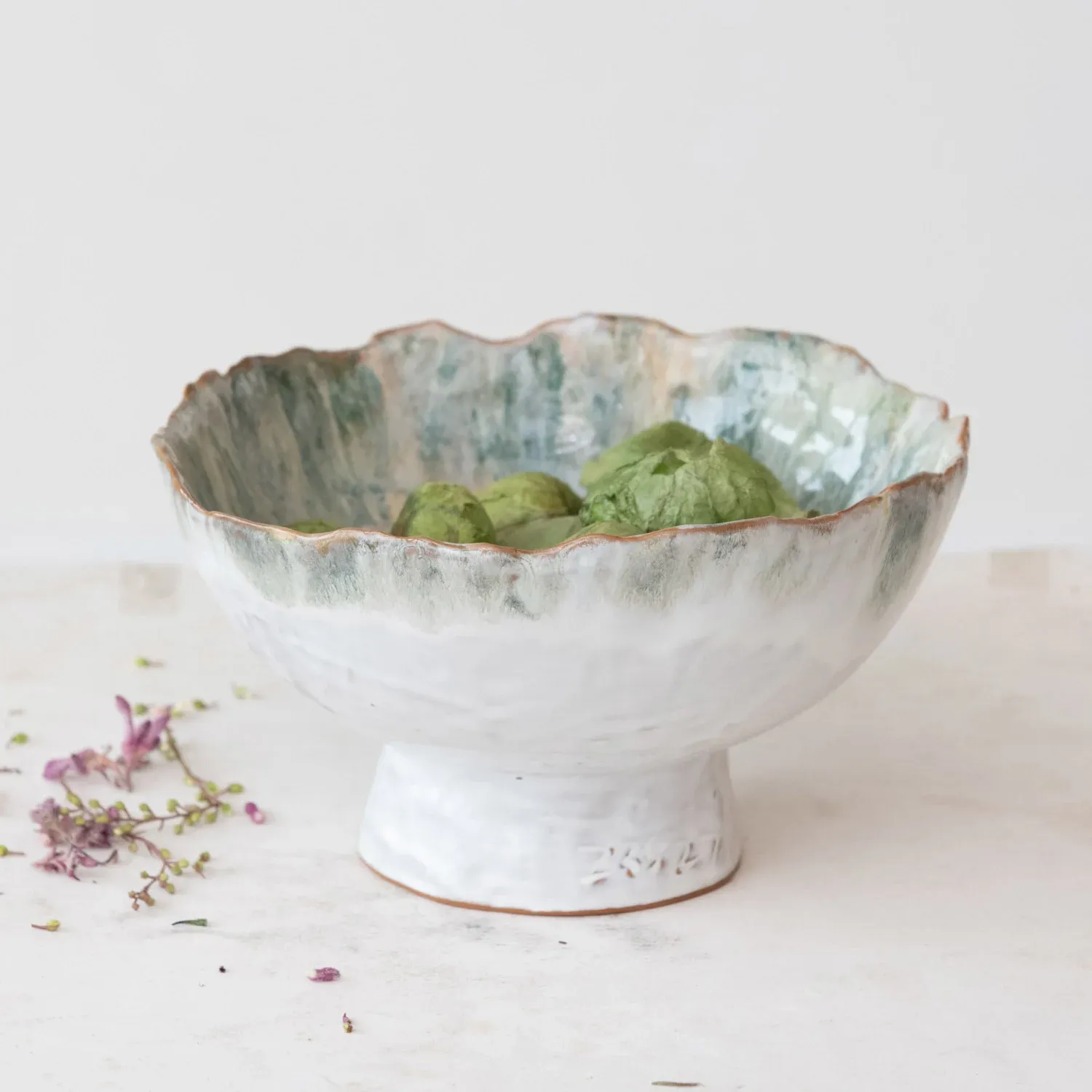 9" R x 5"H Stoneware Footed Bowl, Reactive Glaze