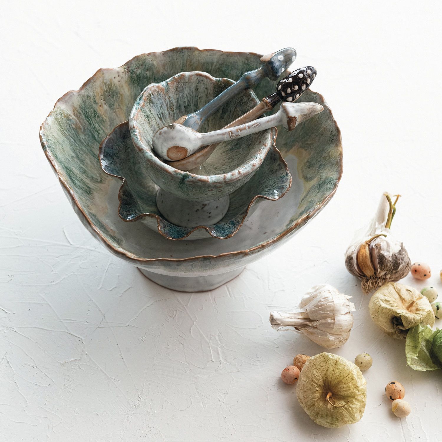 9" R x 5"H Stoneware Footed Bowl, Reactive Glaze