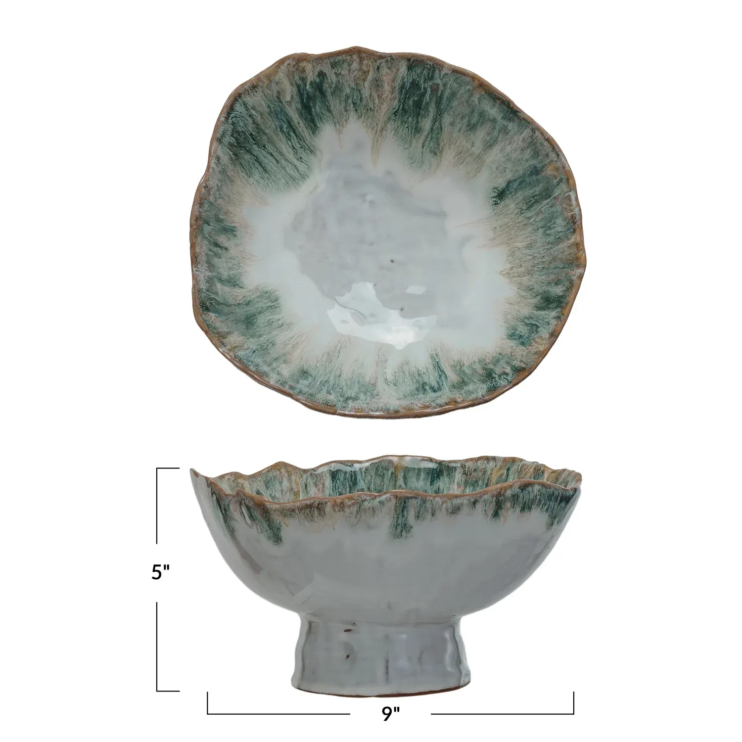 9" R x 5"H Stoneware Footed Bowl, Reactive Glaze