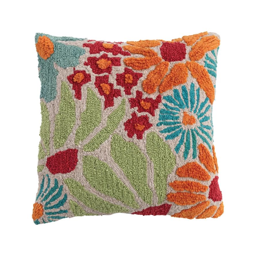 20in. Sq Fabric Tufted Indoor/Outdoor Pillow with Flowers