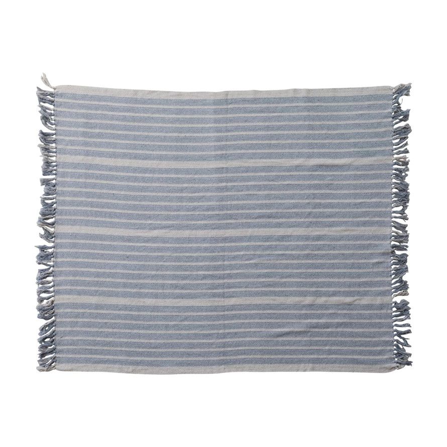 Blue/Ivory Cotton Throw with Stripes &amp; Fringe