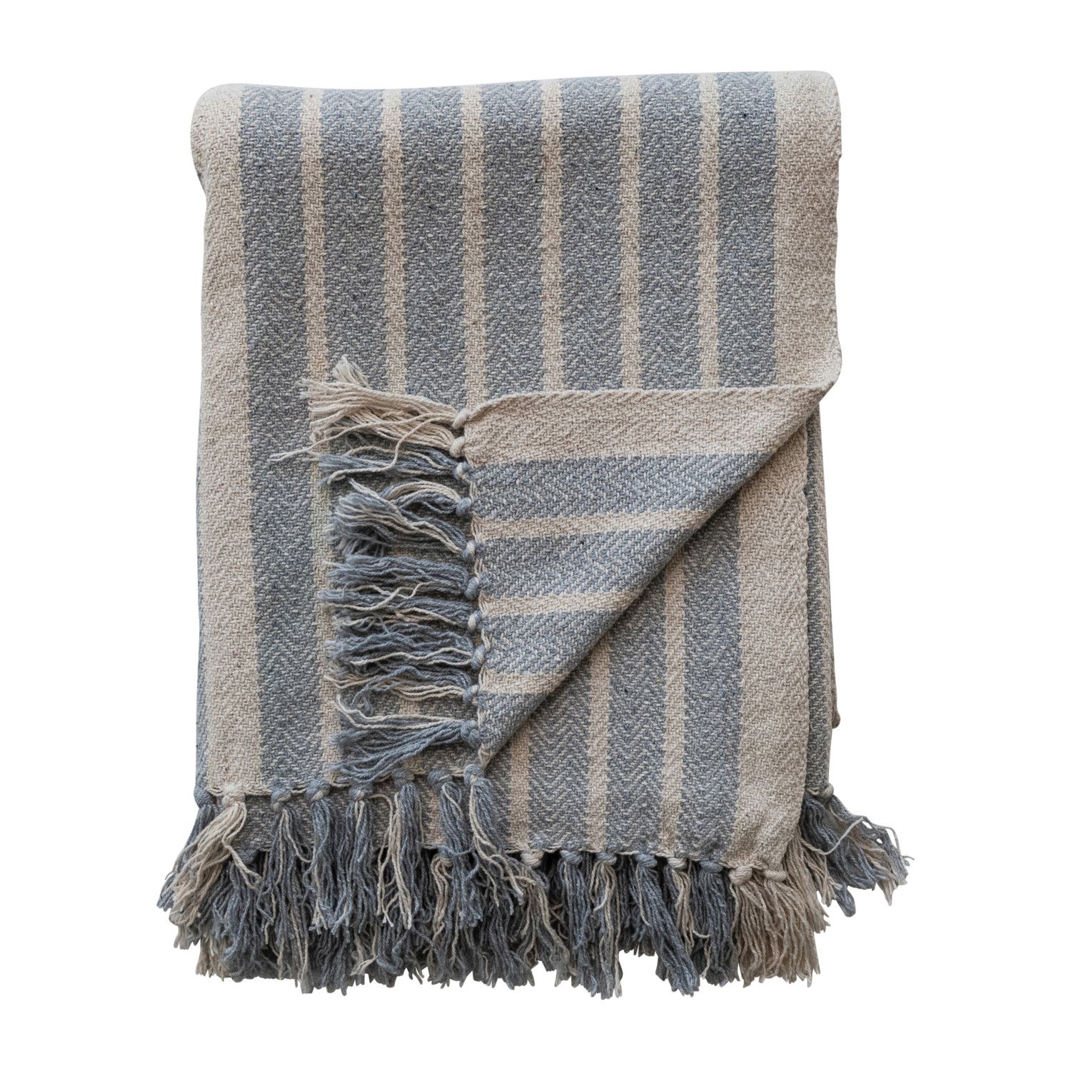 Blue/Ivory Cotton Throw with Stripes &amp; Fringe