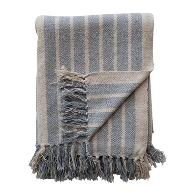 Blue/Ivory Cotton Throw with Stripes &amp; Fringe