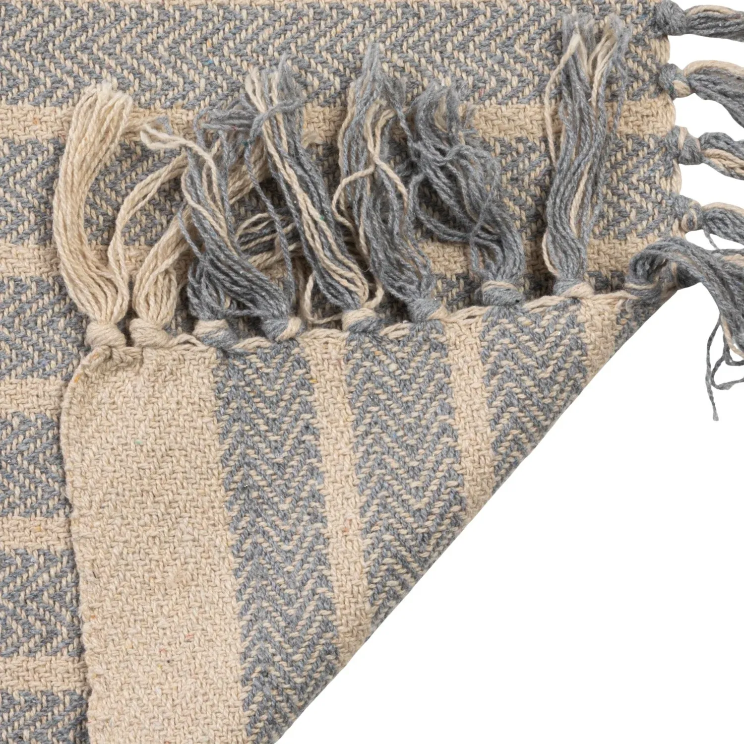 Blue/Ivory Cotton Throw with Stripes &amp; Fringe