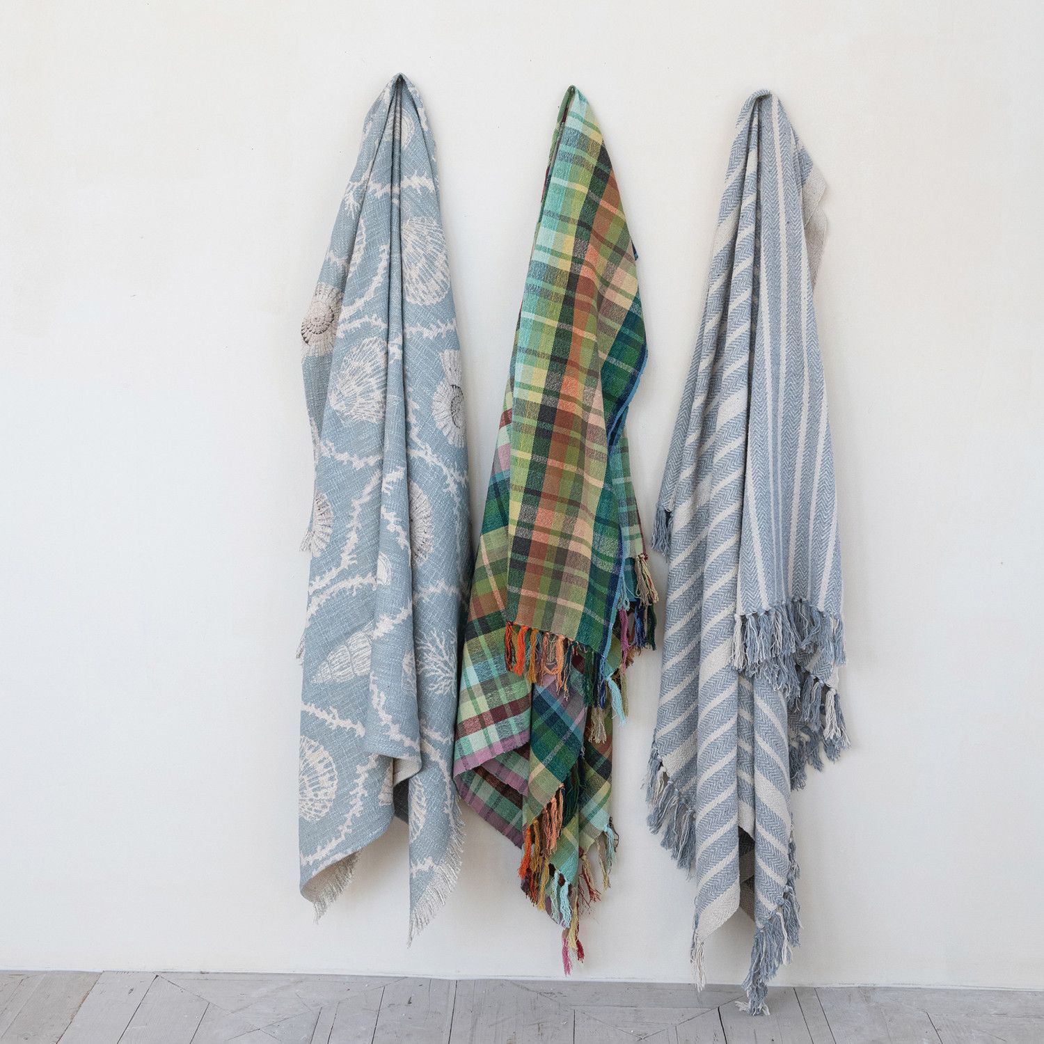 Blue/Ivory Cotton Throw with Stripes &amp; Fringe