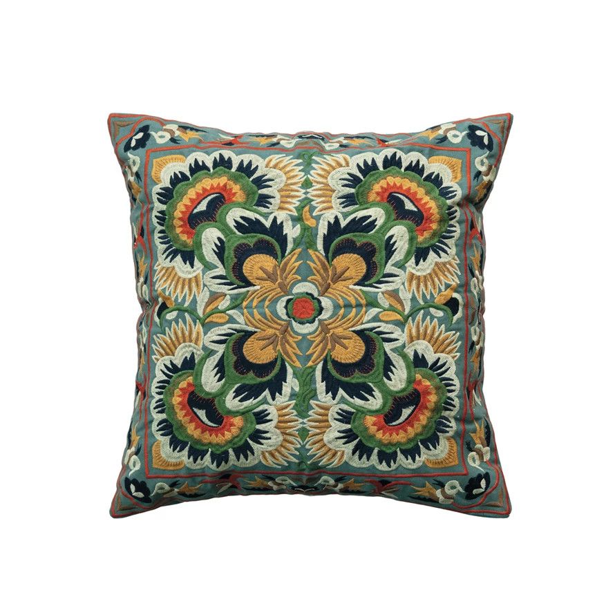 18in. Sq Green/Yellow/Orange Embroidered Pillow