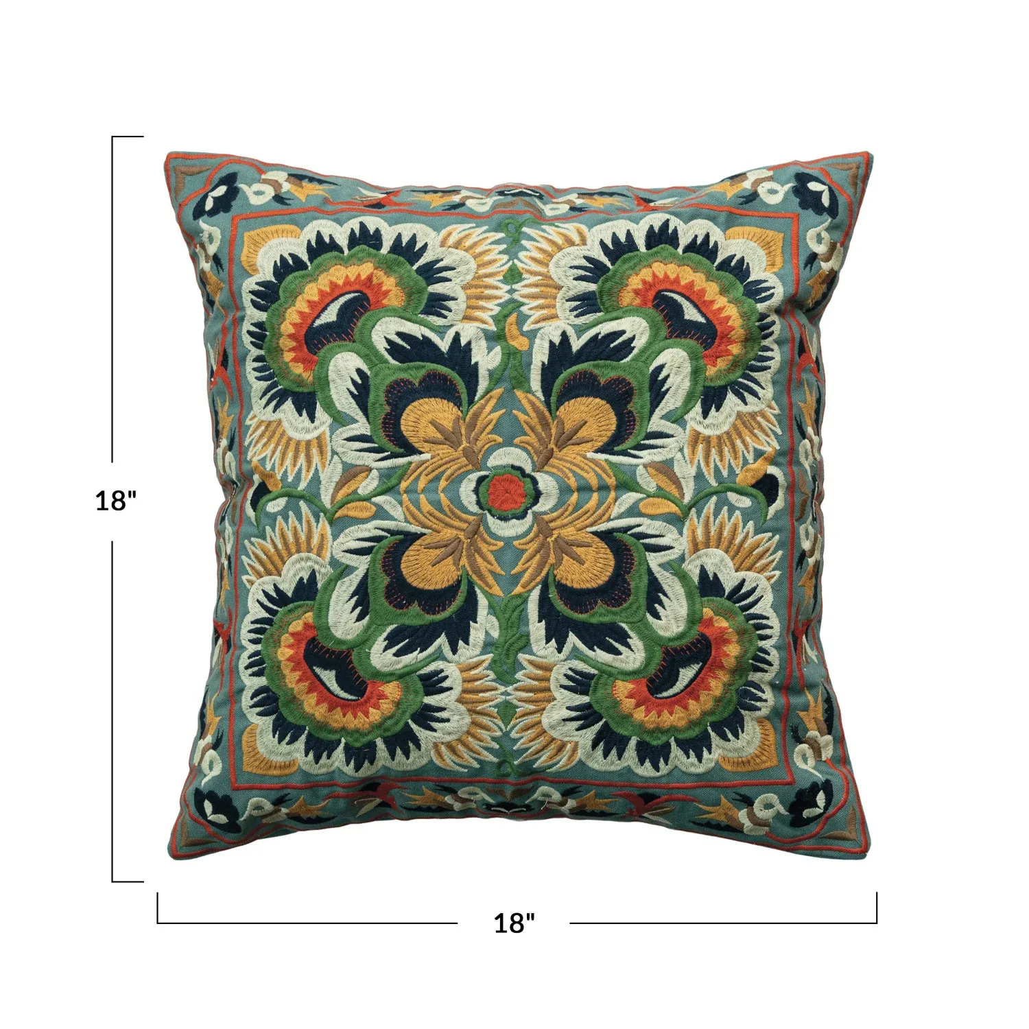 18in. Sq Green/Yellow/Orange Embroidered Pillow