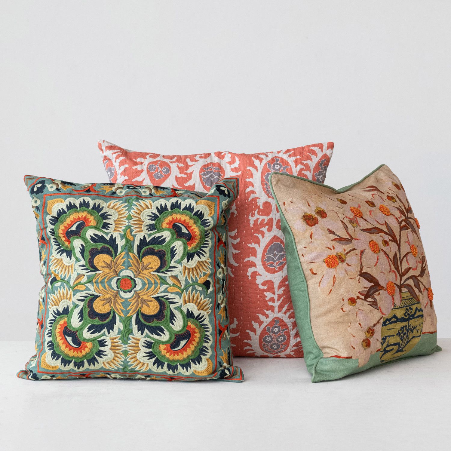 18in. Sq Green/Yellow/Orange Embroidered Pillow