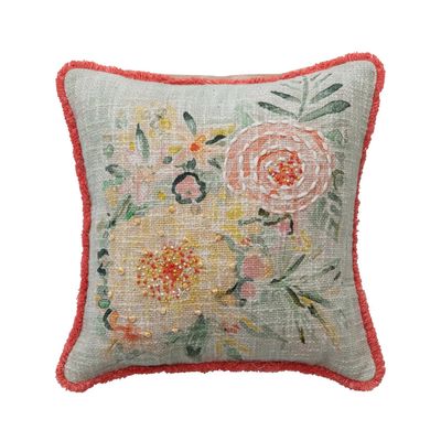 12" Cotton Pillow with Flowers Embroidery &amp; Eyelash Fringe