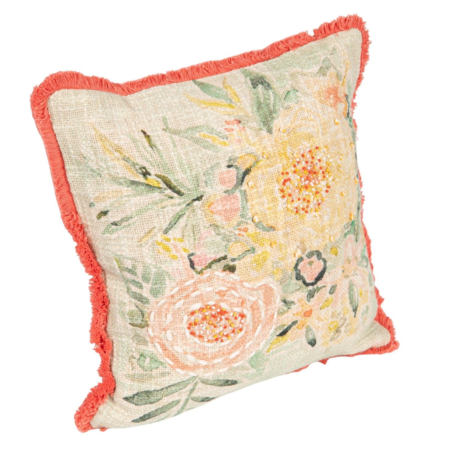 12" Cotton Pillow with Flowers Embroidery &amp; Eyelash Fringe
