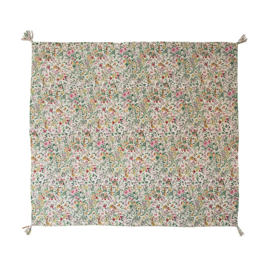 Kantha Quilted Cotton Throw with Floral Pattern
