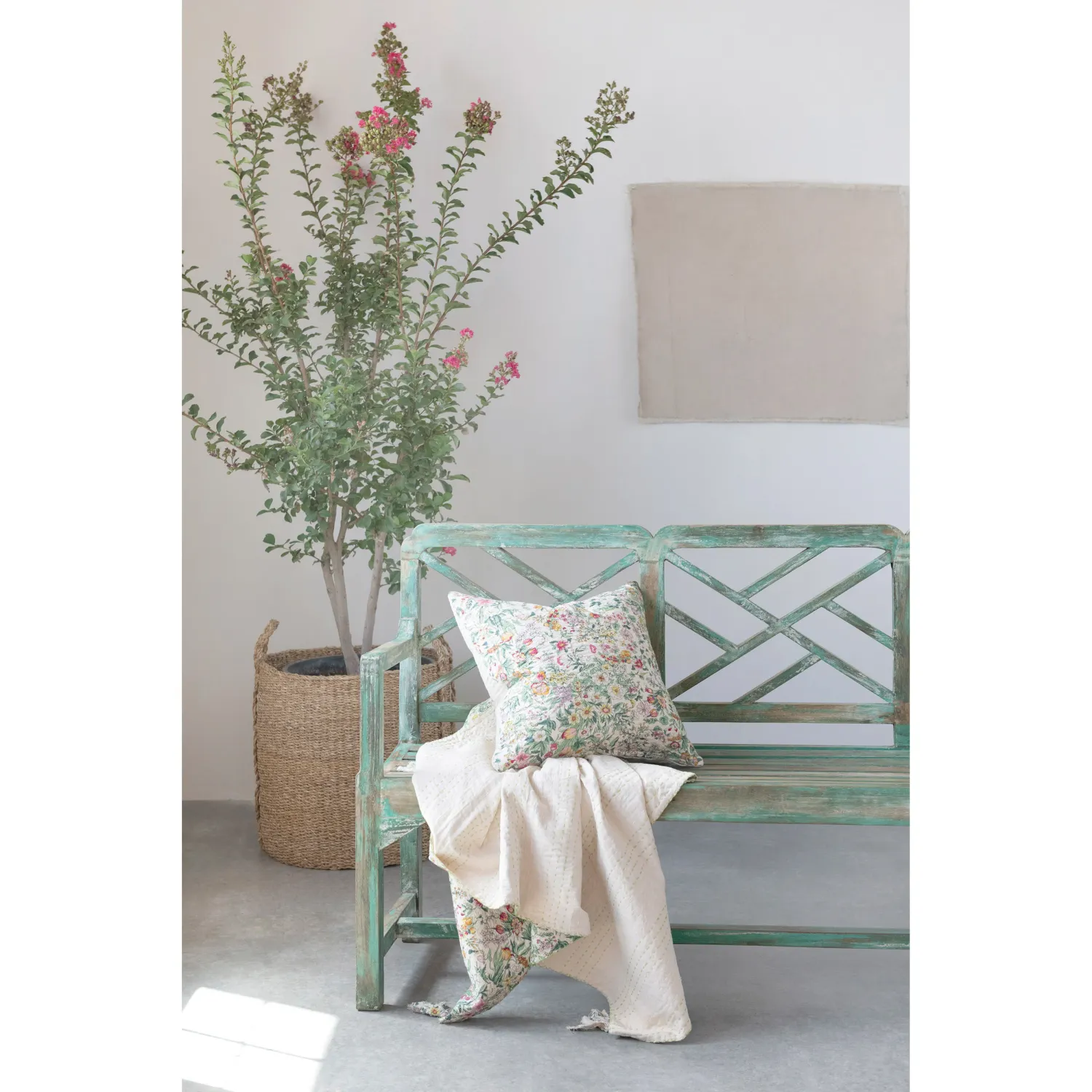 Kantha Quilted Cotton Throw with Floral Pattern